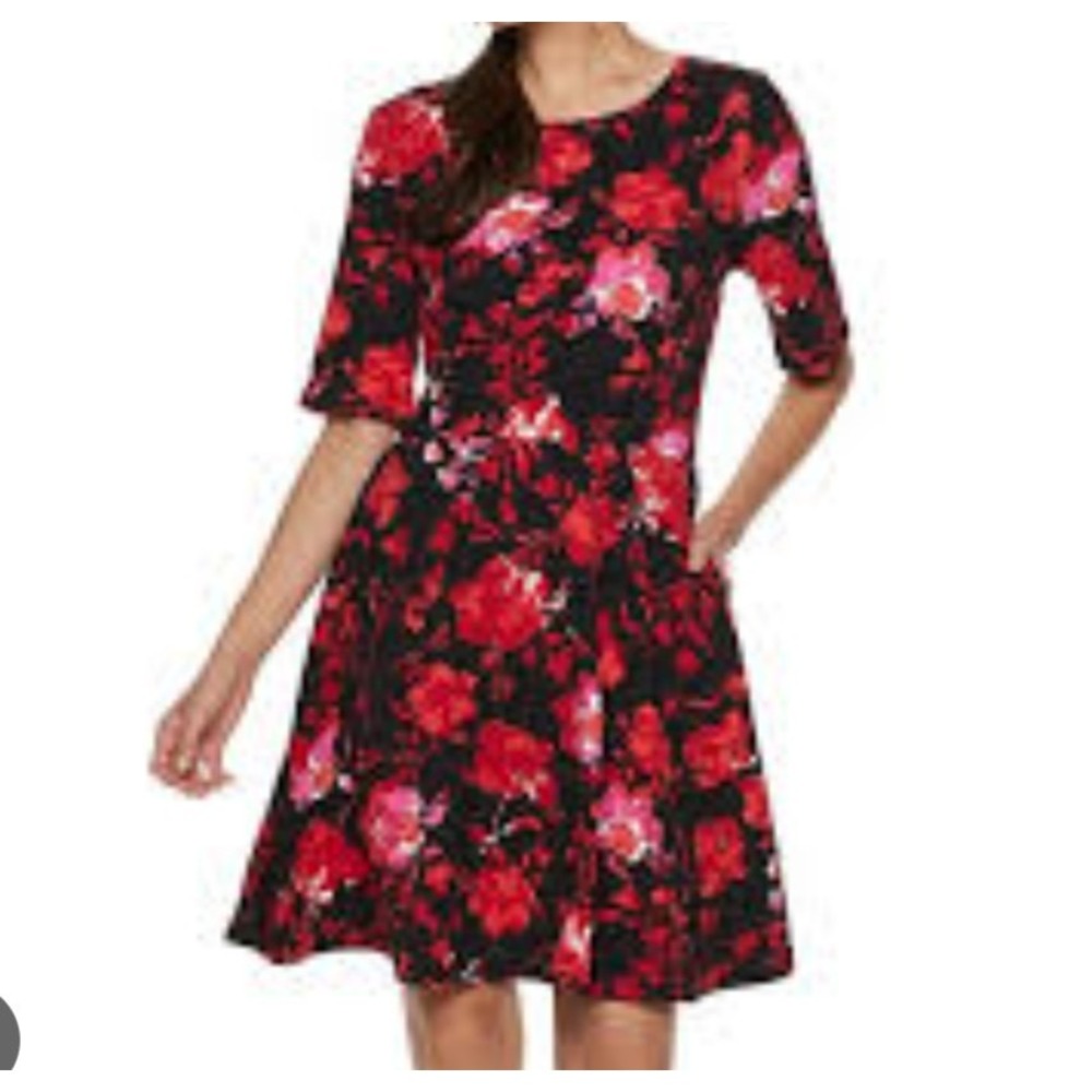 Apt. 9 Fit & Flare Dress Women XL Black Red Floral Mini Crepe Boho‎
